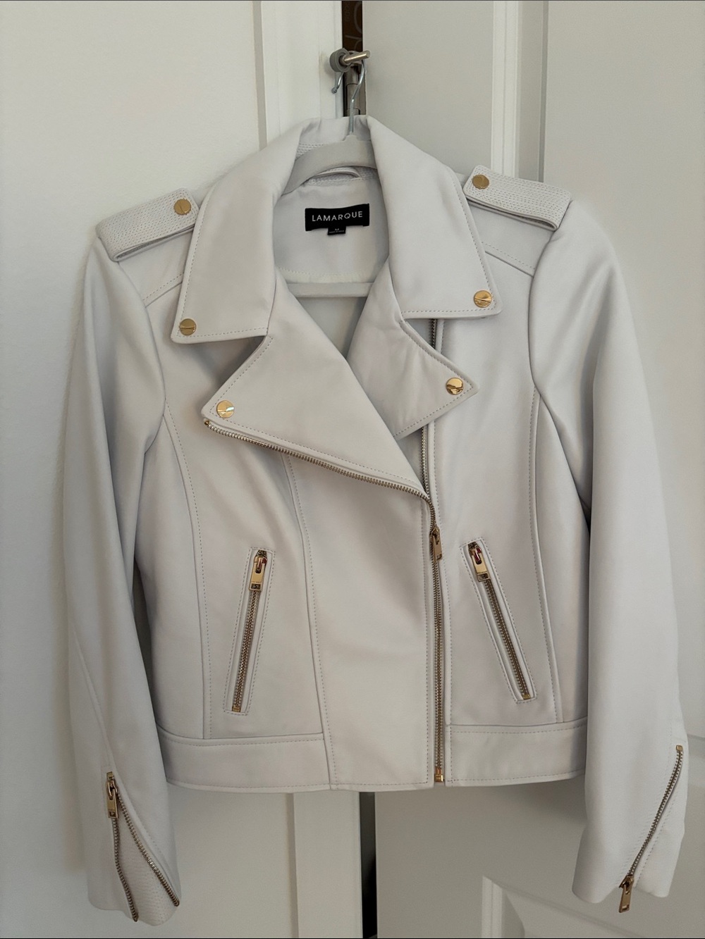 Lamarque Cream Leather Moto Jacket with Gold Hardware